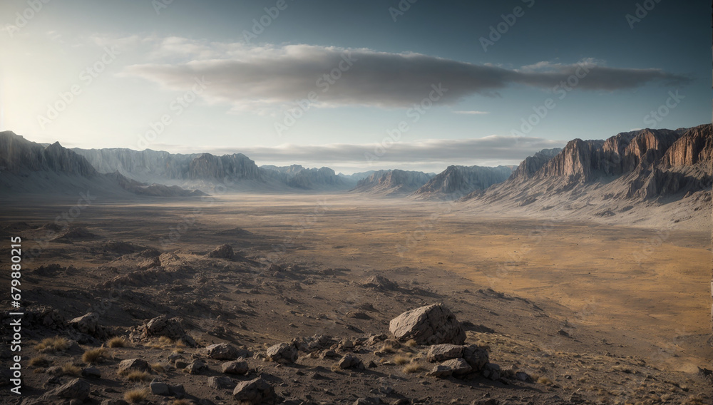 Panoramic view of a lunar landscape, showcasing its desolate and rocky terrain - AI Generative Panoramic view of a lunar landscape, showcasing its desolate and rocky terrain - AI Generative