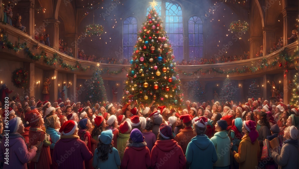 Fototapeta premium A joyful choir singing carols around a towering Christmas tree adorned with colorful ornaments. Generative AI