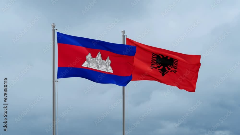 Cambodia flag and Albania flag waving together on cloudy sky, endless seamless loop Cambodia flag and Albania flag waving together on cloudy sky, endless seamless loop