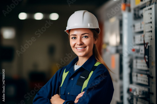 A smiling female electrician in overalls stands near an electrical cabinet, demonstrating professionalism and experience in her field. photo