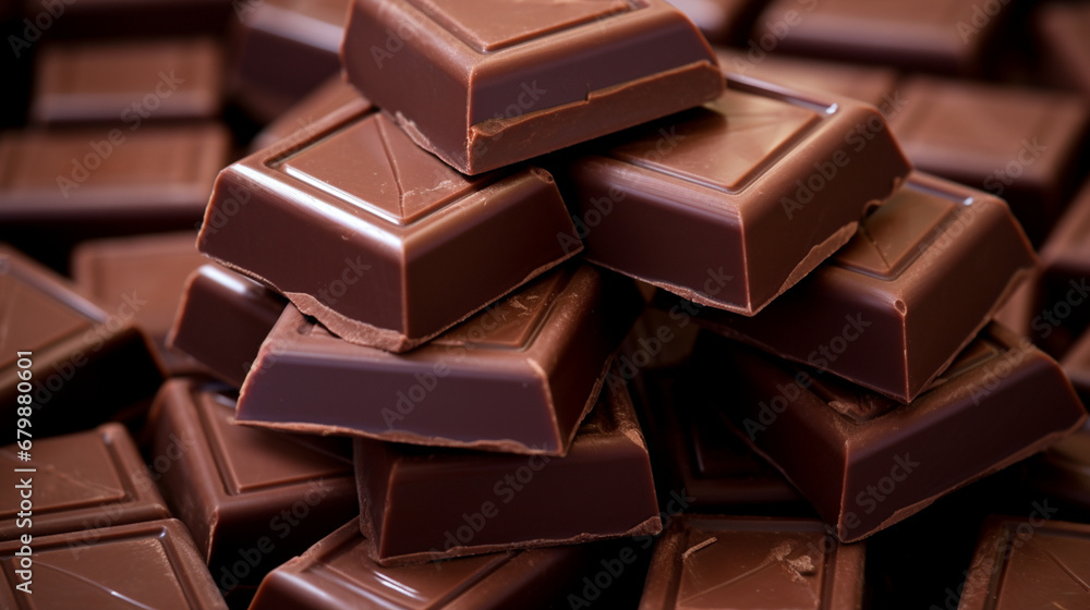 Fototapeta premium Tablette de chocolat. Morceau de chocolat pour dessert. Nourriture, délicieux. Arrière-plan pour conception et création graphique. 