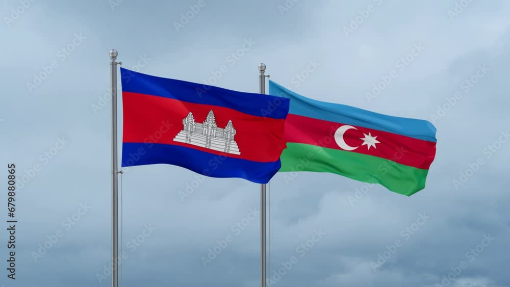 Azerbaijan and Cambodia flag waving together on cloudy sky, endless seamless loop, two country cooperation concept Azerbaijan and Cambodia flag waving together on cloudy sky, endless seamless loop, two country cooperation concept