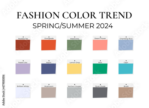 Fashion Color Trend Spring - Summer 2024. Trendy colors palette guide. Fabric swatches with color names. Easy to edit vector template for your creative designs.