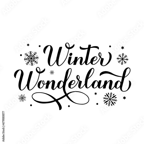 Winter Wonderland calligraphy hand lettering isolated on white. Seasonal holidays typography poster. Vector template for greeting card, banner, flyer, sticker, sign, etc.
