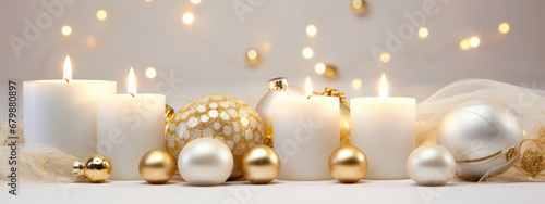 White baubles with gold decorations. Christmas decorations. Christmas balls.