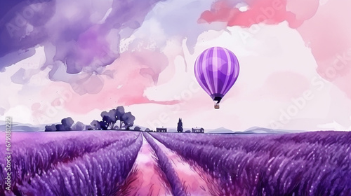A lavender field with a large balloon in the sky. AI Generated