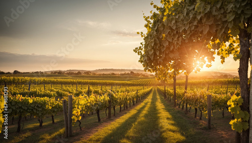 Picturesque and charming vineyard at sunset, with golden light bathing the rows of vines - AI Generative photo