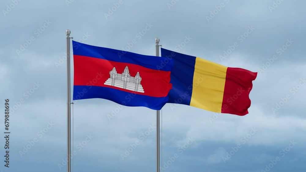 Chad flag and Cambodia flag waving together on cloudy sky, endless seamless loop, two country relations concept Chad flag and Cambodia flag waving together on cloudy sky, endless seamless loop, two country relations concept