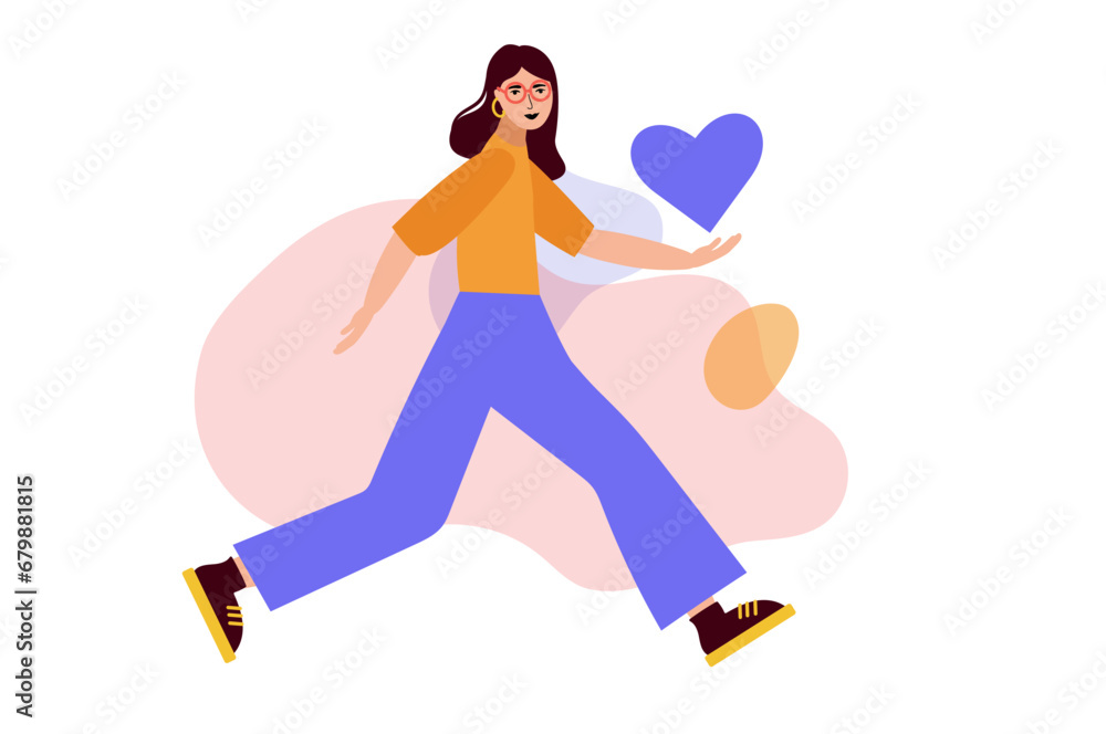 Women bringing heart on her hand. Self love and spreading positivity concept. Abstract background with organic shapes. Flat vector illustration.