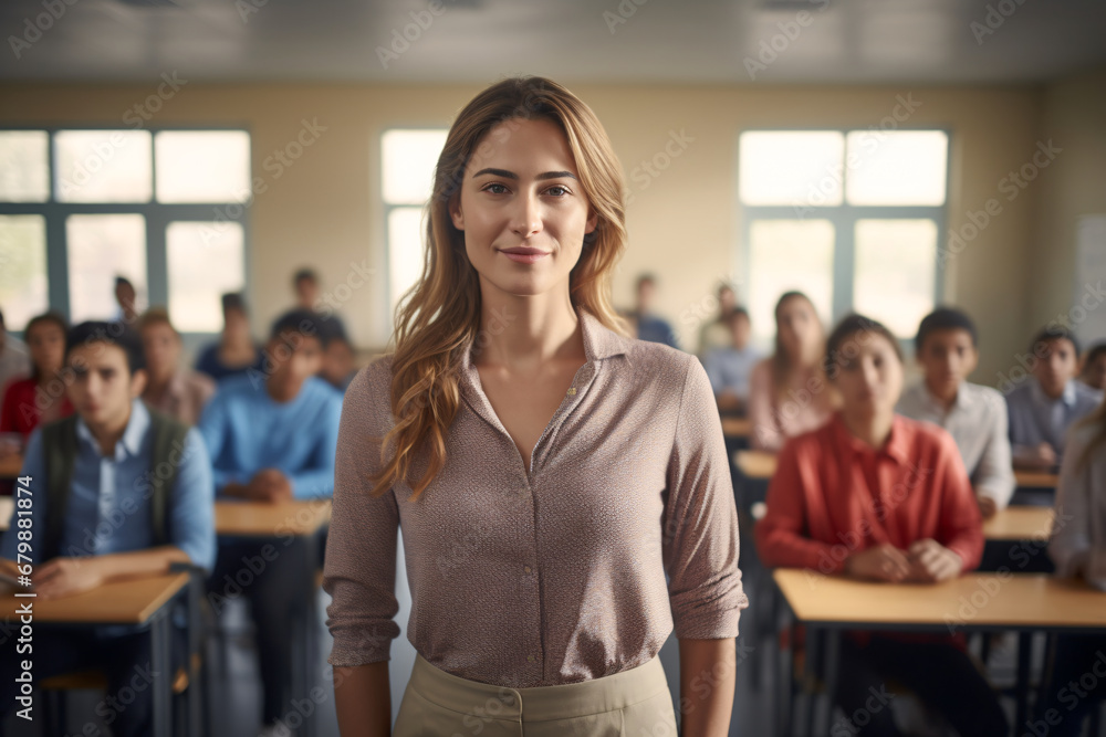 A female teacher standing in front of her class in the class room A female teacher standing in front of her class in the class room