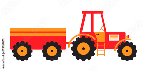 Red tractor with big wheels and trailer.Agricultural machinery transports for farm. Vector illustration