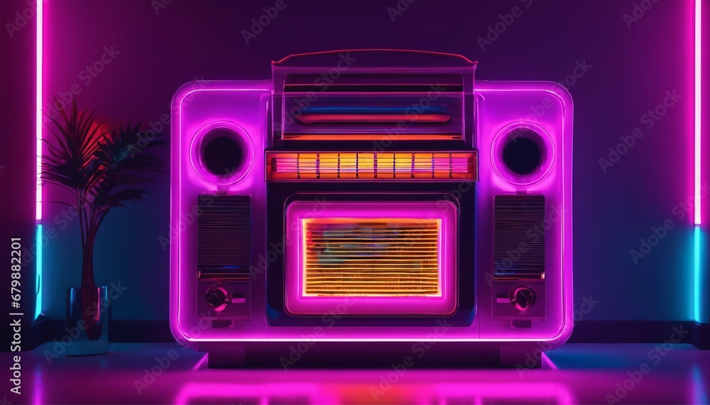 Neon vaporwave color mood in a chill living room featuring a retro vintage stereo jukebox - obrazy, fototapety, plakaty 