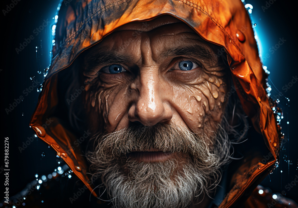 Color gel portrait photography of elderly man with beard. AI generative