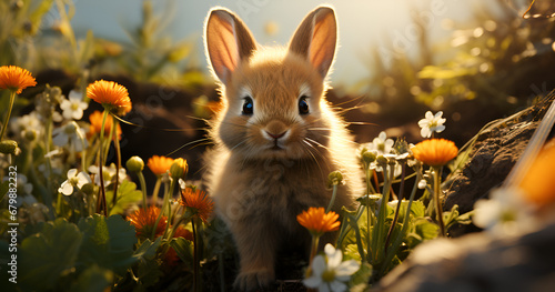 cute brown rabbit with colored eggs and a blurry background for easter