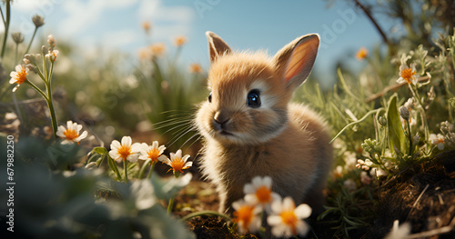 cute brown rabbit with colored eggs and a blurry background for easter