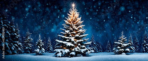 A Christmas tree on the outdoors agains dark blue background. Christmas banner.