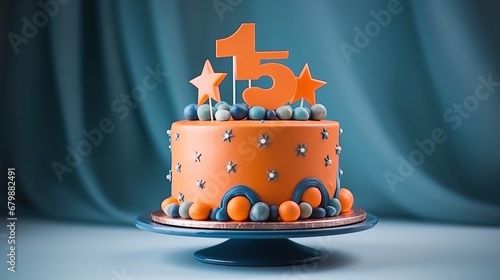 Cute birthday celebration cake with number 15, fifteen years. Yellow, orange, white colors, circles, stars. Great greeting card design. Place for text, copy space