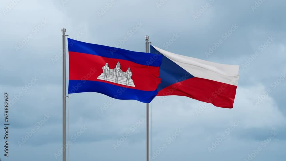 Czech Republic flag and Cambodia flag waving together on cloudy sky, endless seamless loop, two country relations concept Czech Republic flag and Cambodia flag waving together on cloudy sky, endless seamless loop, two country relations concept