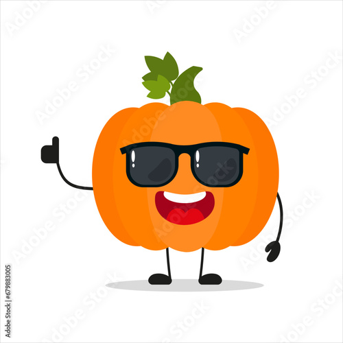 Cute happy pumpkin character wear sunglasses. Funny vegetable greet friend cartoon emoticon in flat style. closet vector illustration