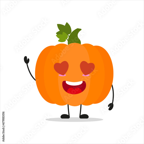 Cute happy pumpkin character. Funny fall in love vegetable cartoon emoticon in flat style. closet vector illustration
