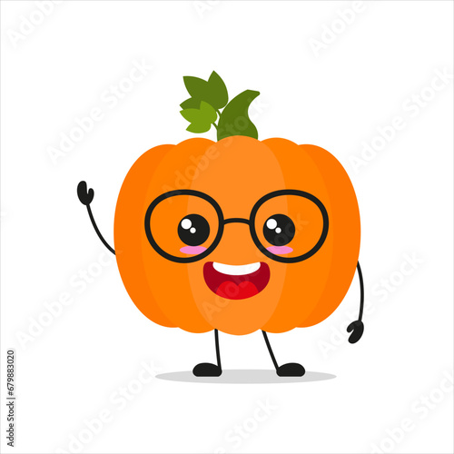 Cute happy pumpkin character wear eyeglasses. Smiling and greet vegetable cartoon emoticon in flat style. closet vector illustration