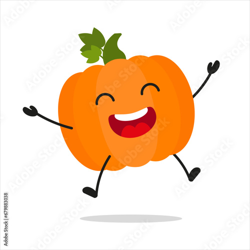 Cute happy pumpkin character. Funny victory jump celebration vegetable cartoon emoticon in flat style. closet vector illustration