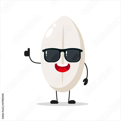 Cute happy rice character wear sunglasses. Funny food greet friend cartoon emoticon in flat style. closet vector illustration