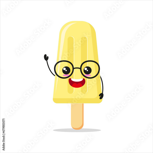 Cute happy ice cream character wear eyeglasses. Smiling and greet popsicle cartoon emoticon in flat style. closet vector illustration