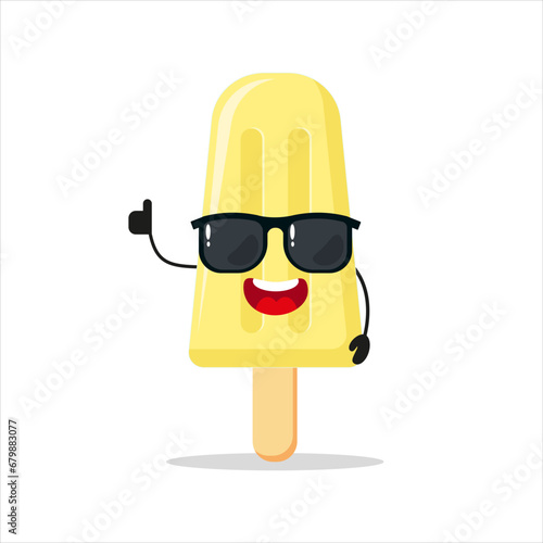 Cute happy ice cream character wear sunglasses. Funny popsicle greet friend cartoon emoticon in flat style. closet vector illustration