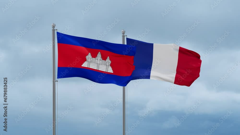 France and Cambodia flags waving together on cloudy sky, endless seamless loop, two country relations concept France and Cambodia flags waving together on cloudy sky, endless seamless loop, two country relations concept