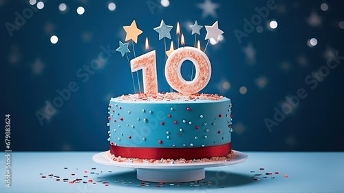Colorful tasty children's birthday cake with candles shaped like the number 10.  Great design for greeting card, for boys and girls. Blue, red color.