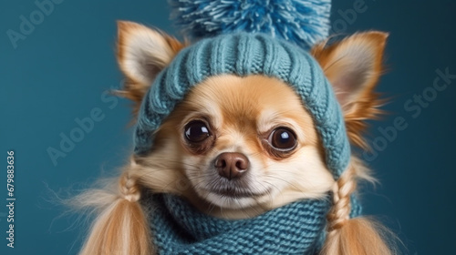 A dog in a blue scarf and hat. AI Generated ©  iiulia