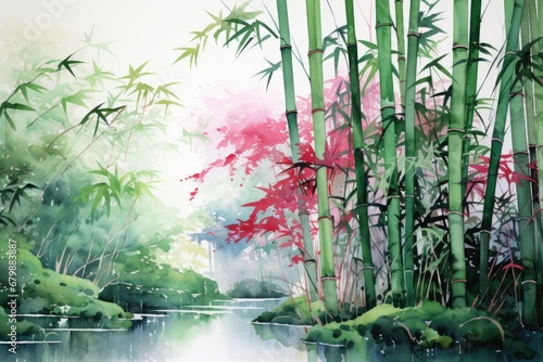 watercolor bamboo painting bamboo Background Bamboo watercolor stems and leaves © PinkiePie
