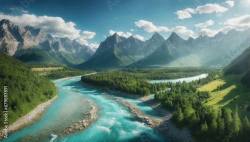 Scenic aerial view of the mountain landscape with a forest and the crystal blue river - AI Generative