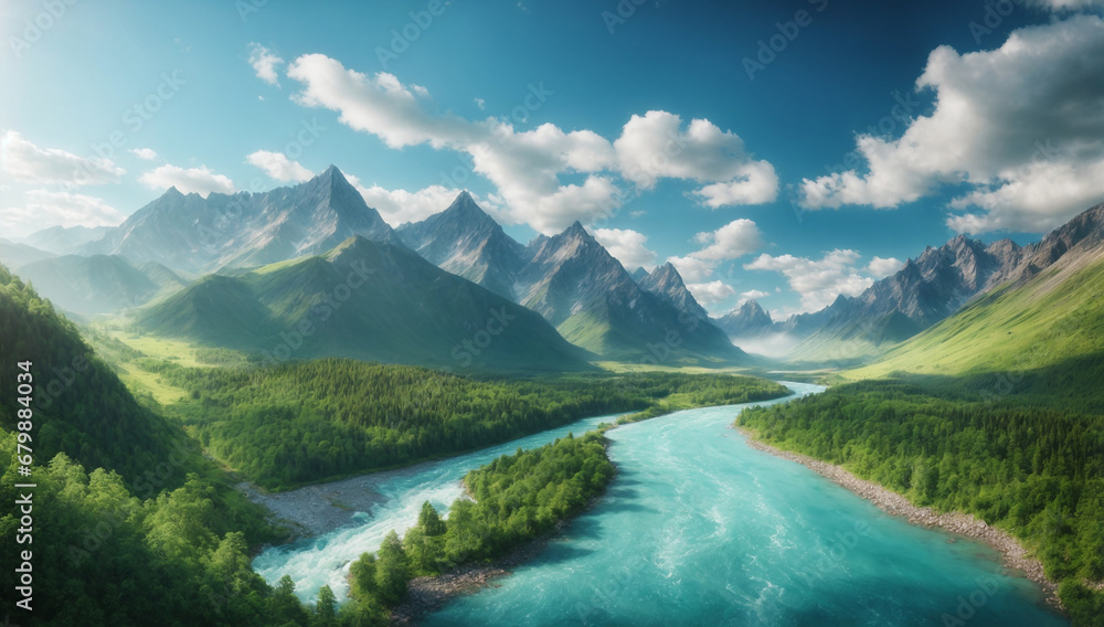 Scenic aerial view of the mountain landscape with a forest and the crystal blue river - AI Generative