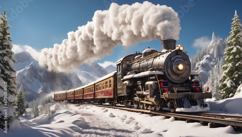 An old-fashioned train chugging through a snowy landscape, adorned with wreaths and lights. Generative AI photo