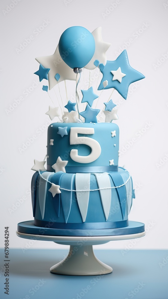 Birthday white, blue cake for a little girl, boy with number five. Fifth birthday. Lots of stars, decorations. On blue table background. Great greeting card, celebration invitation design Birthday white, blue cake for a little girl, boy with number five. Fifth birthday. Lots of stars, decorations. On blue table background. Great greeting card, celebration invitation design