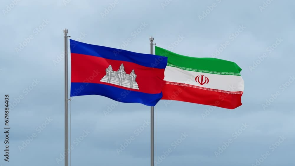 Iran flag and Cambodia flag waving together on blue sky, looped video Iran flag and Cambodia flag waving together on blue sky, looped video