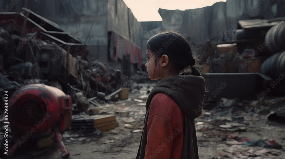 The girl in front of the junkyard. AI Generated