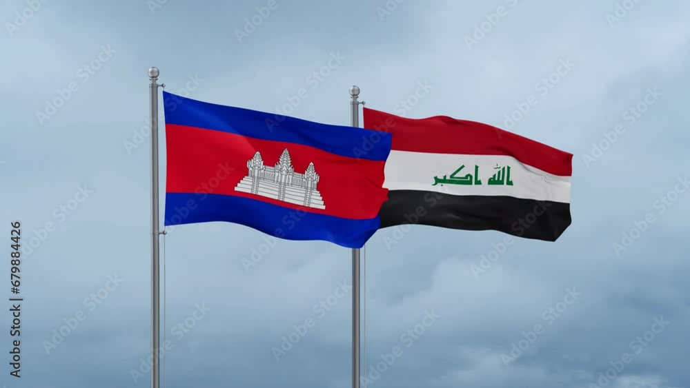 Iraq flag and Cambodia flag waving together on blue sky, looped video Iraq flag and Cambodia flag waving together on blue sky, looped video