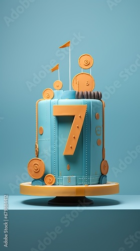 Colorful tasty children's birthday cake withdecorations and number 7 for the seventh birthday.  Great design for greeting card, for boys and girls. Blue, gold color. photo