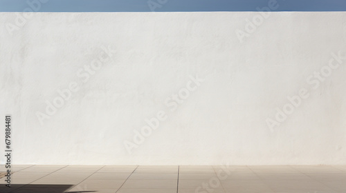Fond d'un mur blanc en extérieur, vue du ciel, texture plâtre. Ambiance claire. Arrière-plan pour conception et création graphique. photo