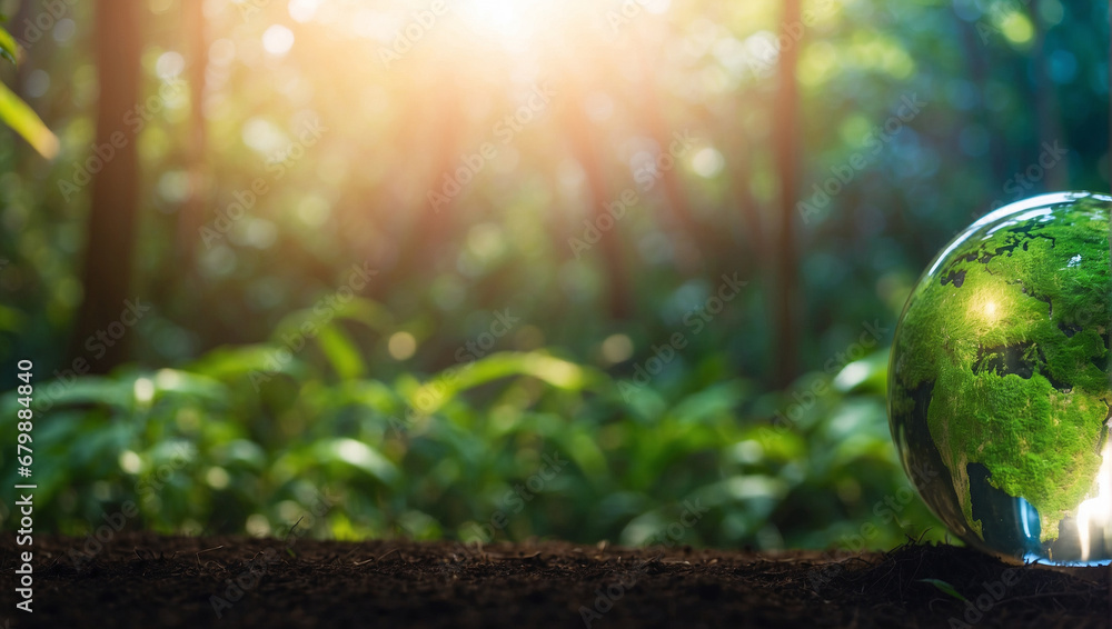 Earth's crystal ball on the ground with a rainforest background with shining sunlight Earth's crystal ball on the ground with a rainforest background with shining sunlight