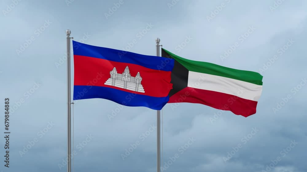 Kuwait and Cambodia flag waving together on cloudy sky, endless seamless loop, two country cooperation concept Kuwait and Cambodia flag waving together on cloudy sky, endless seamless loop, two country cooperation concept
