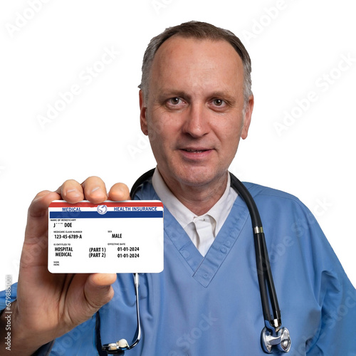 A medical professional holds a mock federal medical insurance card in an AI illustration about healthcare and medical insurance..