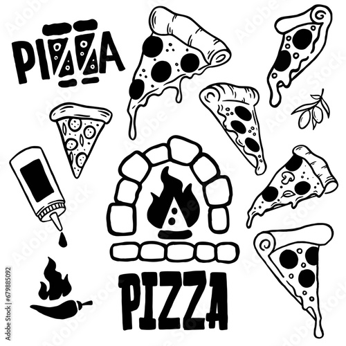 Hand drawn set of pizza. Illustration for pizzeria and restaurant.