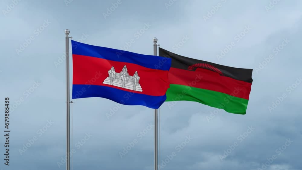 Malawi flag and Cambodia flag waving together on cloudy sky, endless seamless loop, two country relations concept Malawi flag and Cambodia flag waving together on cloudy sky, endless seamless loop, two country relations concept