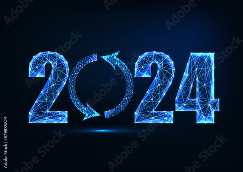 Abstract 2024 New Year web banner template with reload symbol. Futuristic dark blue background