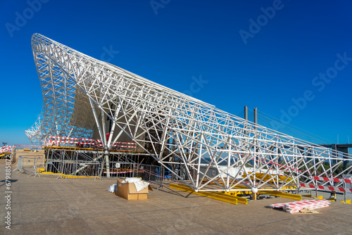 Main stage for the World Youth Days in the final stages of construction in front of the Vasco da Gama Bridge in Parque Tejo. Image captured on July 14, two weeks before the start of the event. photo