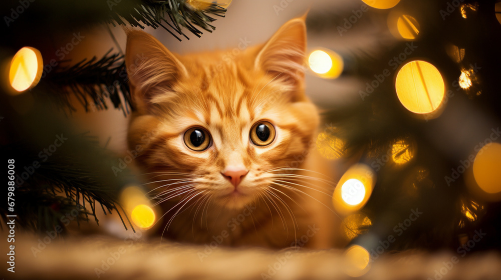 A curious kitten peeks out from behind a Christmas ornament - Xmas concept - Generative AI A curious kitten peeks out from behind a Christmas ornament - Xmas concept - Generative AI